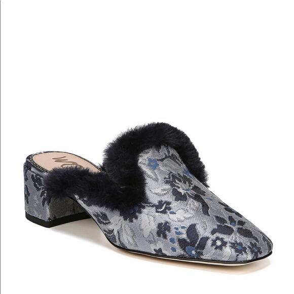 🆕 Sam Edelman Women's Blue Adair 2 Faux Fur Floral‎ Jacquard Mules 6.5 New - Picture 1 of 4